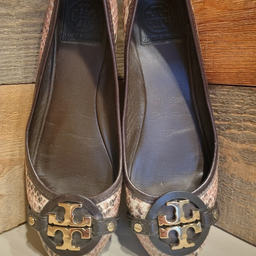Tory Burch Women's Ballet Flats In Shades Of Brown Snakeskin Leather Size 7.5